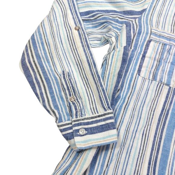 Croft & Barrow Linen Blend Blue Striped Roll Tab Henley Top 2 Patch Pockets L - Picture 5 of 7